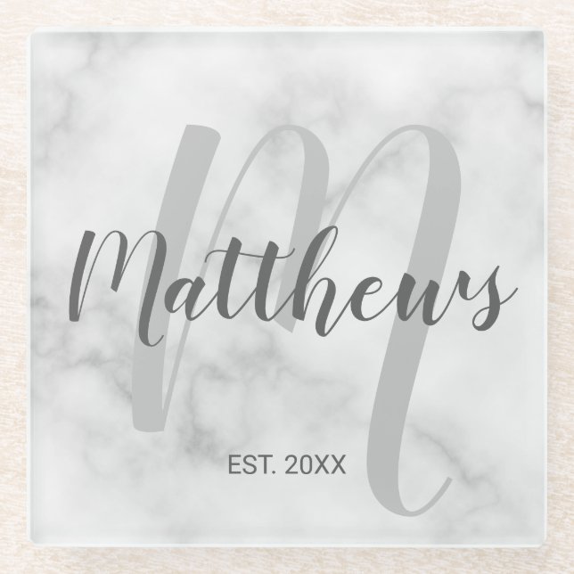 Personalised Modern Script Monogram & Family Name Glass Coaster (Front)