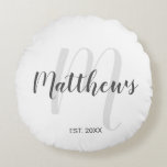 Personalised Modern Script Monogram & Family Name Round Cushion<br><div class="desc">Personalised Monogram and Family Name Gift featuring family name in grey modern script font style and monogram in light grey modern script font style as background with established year in grey sans serif font style on white background. Perfect as gift for newlyweds, holiday gift for family, family reunion favours and...</div>