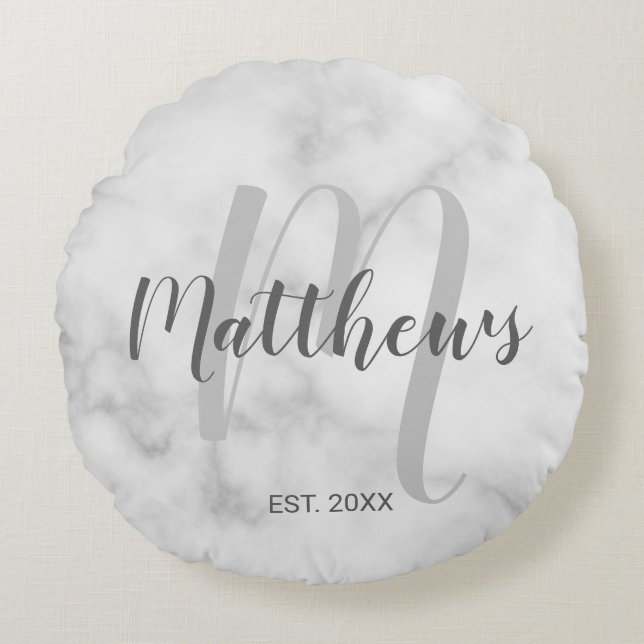 Personalised Modern Script Monogram & Family Name Round Cushion (Front)