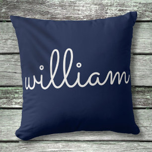 Personalised Modern Script Name Navy Blue Cushion