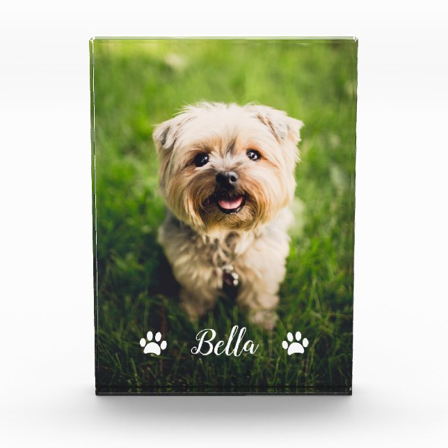 Personalised Modern Script Paw Prints Dog Photo Block (Front)