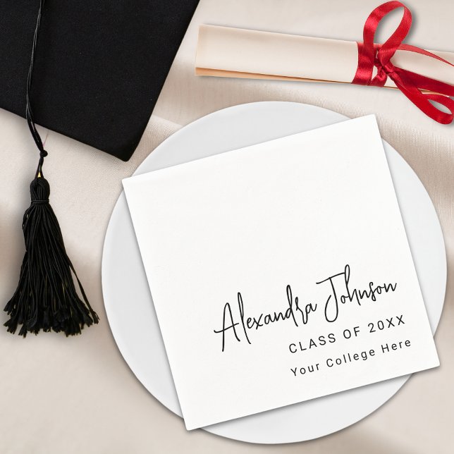 Personalised Modern Script Simple Graduation Party Napkin (Modern trendy script graduation party napkin Minimalist simple stylish chic black and white)