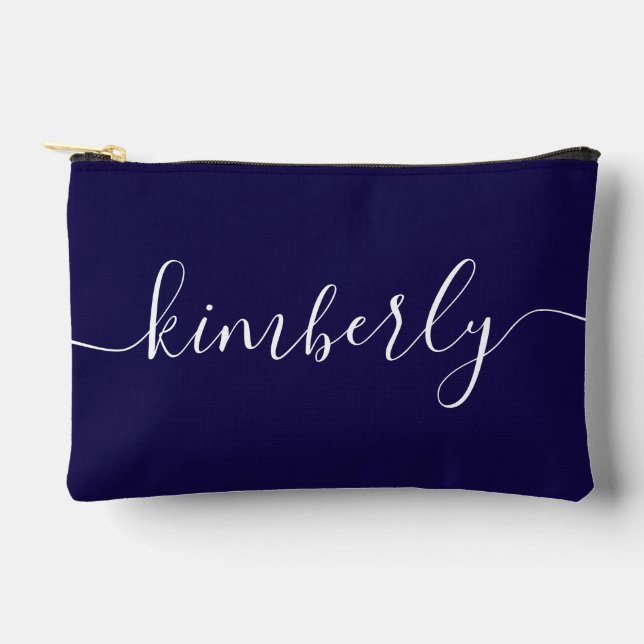 Personalised Modern Script Typography Navy Blue Accessory Pouch (Front)
