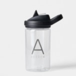 Personalised Modern Simple Black Grey Initial Kids Water Bottle<br><div class="desc">Personalised Kid's Camelback Waterbottle with their name and Initial Letter Custom Monogram in a trendy modern and minimal thin classic sans serif font for a simple and sleek look. Shown in grey on a clear plastic water bottle, the text colours and fonts can be changed, and several bottle colours are...</div>