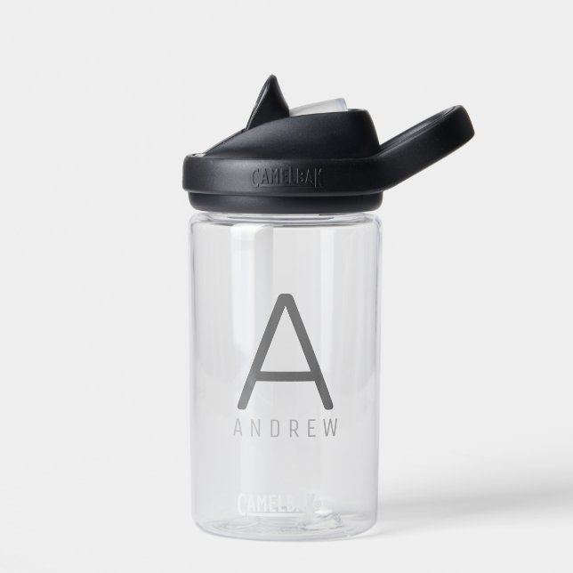 Personalised Modern Simple Black Grey Initial Kids Water Bottle (Left)