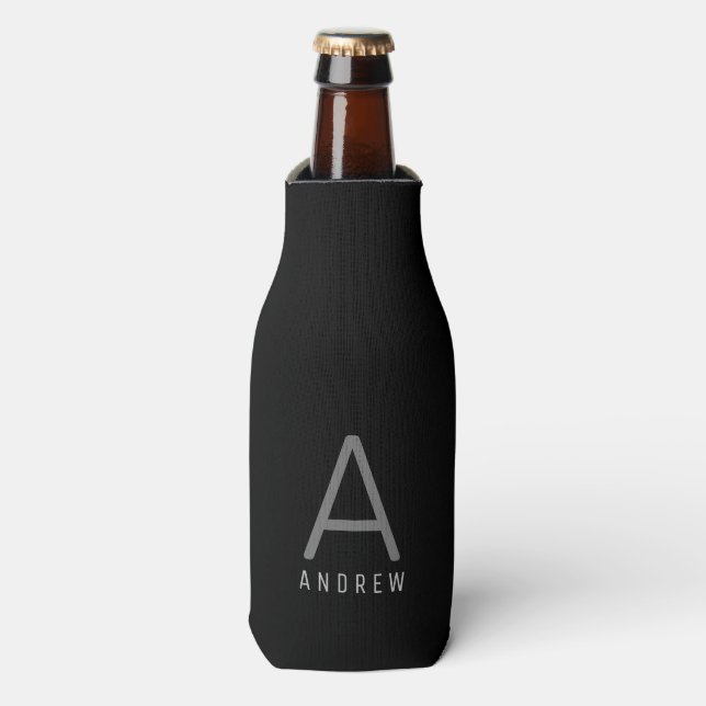 Personalised Modern Simple Black Grey Monogram Bottle Cooler (Bottle Front)