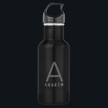 Personalised Modern Simple Black Grey Monogrammed 532 Ml Water Bottle<br><div class="desc">Personalised Name and Initial Letter Stainless Steel Water Bottle with a Custom Monogram in a trendy modern and minimal classic sans serif font for a simple but sophisticated and masculine look. Shown in grey on a black metallic water bottle, the text colours and fonts can be changed, and several bottle...</div>
