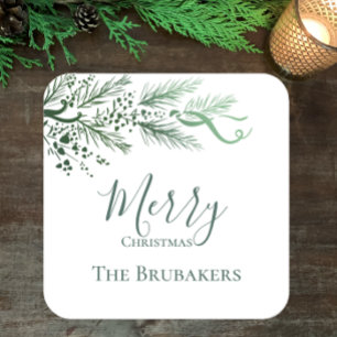 Personalised Modern Simple Greenery Christmas Square Sticker