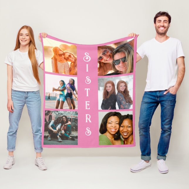 Personalised Modern Sisters 6 Photo Collage Fleece Blanket (In Situ)