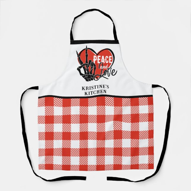 Personalised Modern Skeleton Hand Peace and Love Apron (Front)