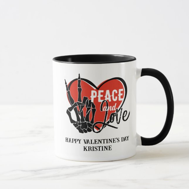 Personalised Modern Skeleton Hand Peace and Love  Mug (Right)