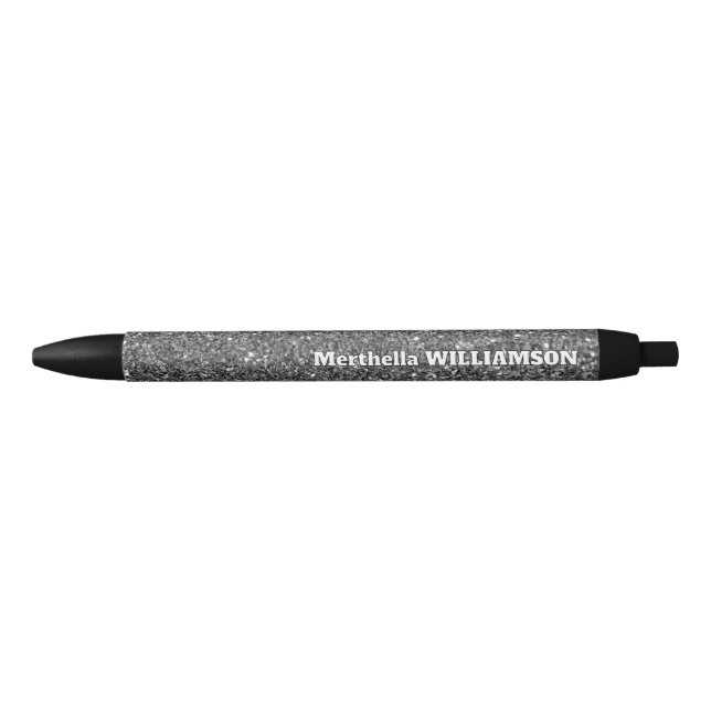 Personalised Modern Sparkly Silver GLITTER Black Ink Pen (Front)