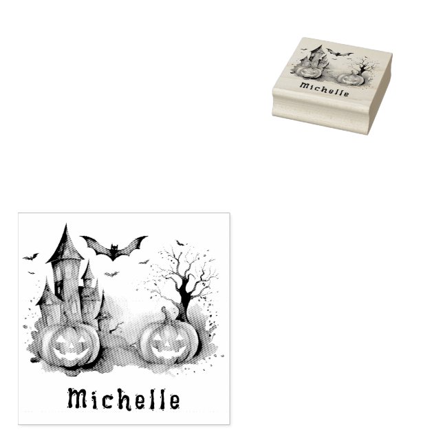 Personalised Modern Spooky Pumpkin  Haunted house  Rubber Stamp (Stamped)