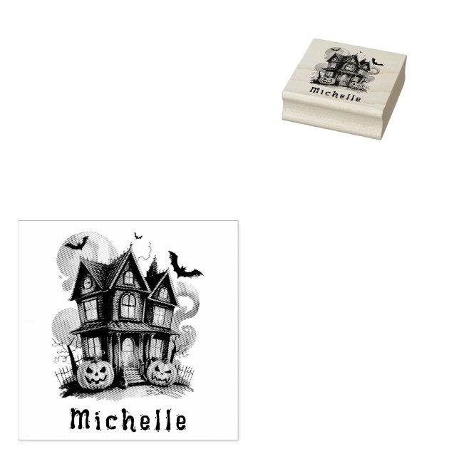 Personalised Modern Spooky Pumpkin  Haunted house  Rubber Stamp (Stamped)