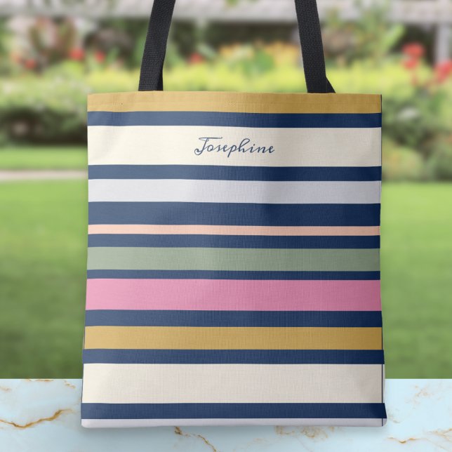 Personalised Modern Stripe Pattern Elegant Script Tote Bag (A personalized tote bag with colorful horizontal stripes pattern)