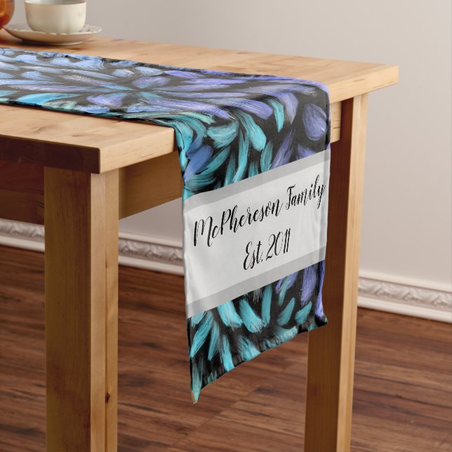 Personalised Modern swirling teal and blue petals Medium Table Runner (In Situ)