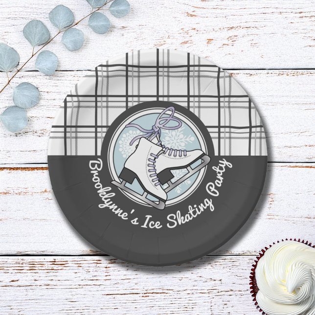 Personalised Modern Tartan Ice Skating Party Paper Plate (Creator Uploaded)