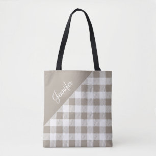 Personalised Modern Taupe Plaid  Tote Bag