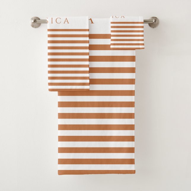 Personalised Modern Terracotta Stripes Bath Towel Set (Insitu)