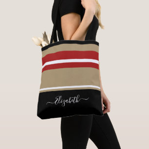 Personalised Modern Trendy Black Red Tan Stripes Tote Bag