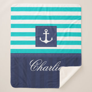 Personalised Modern Turquoise Navy Anchor Design Sherpa Blanket