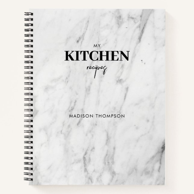 Personalised Modern White Marble Kitchen Recipe Notebook (Front)