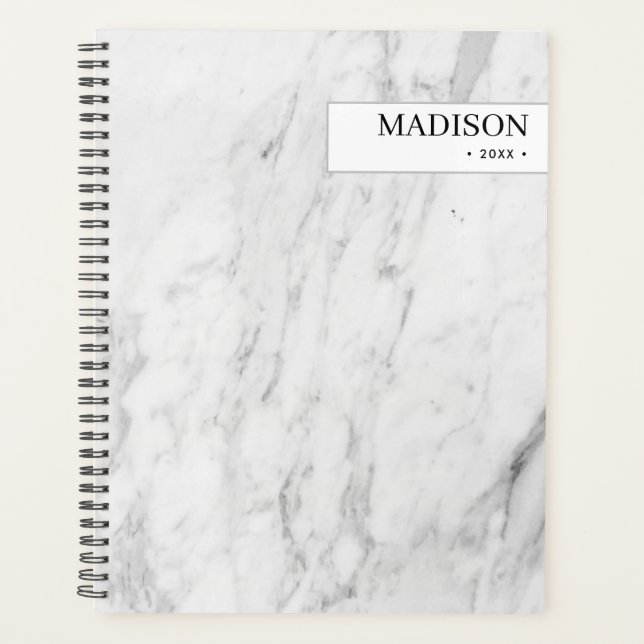 Personalised Modern White Marble Minimalist  Planner (Front)