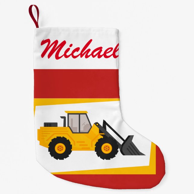 Personalised Modern Yellow Loader Tractor on Red Small Christmas Stocking (Front)