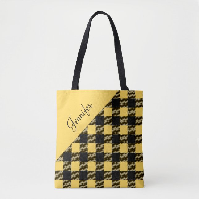 Personalised Modern Yellow Plaid Pattern  Tote Bag (Front)