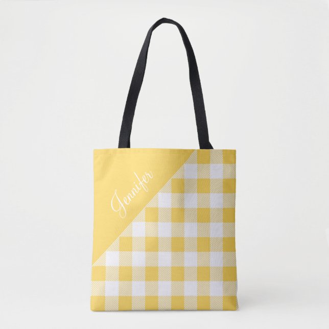 Personalised Modern Yellow Plaid Tote Bag (Front)
