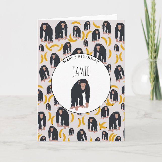 Personalised Monkey Chimpanzee & Banana Birthday Card (Front)