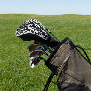 Personalised monochrome chequered floral triangles golf head cover
