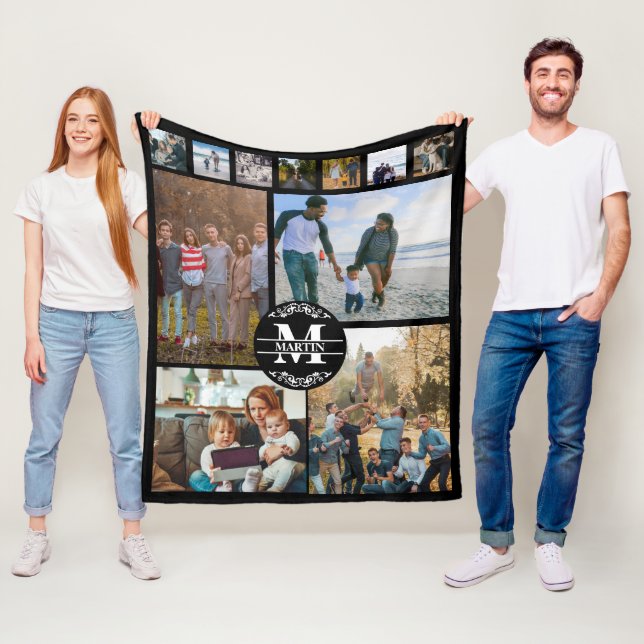 Personalised Monogram  11 Photo Collage Fleece Blanket (In Situ)