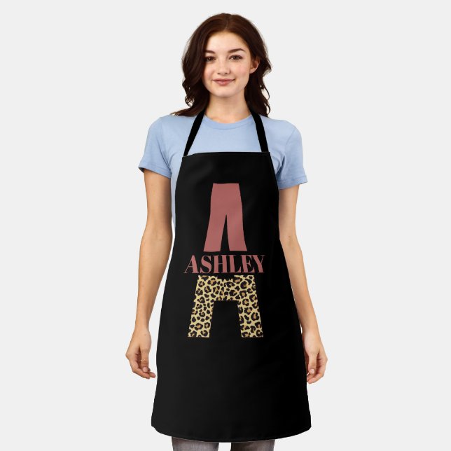 Personalised Monogram A Pink Leopard print Apron (Worn)