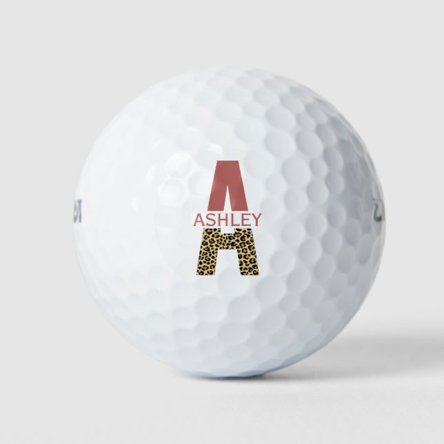 Personalised Monogram A Pink Leopard print Golf Balls (Front)