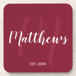 Personalised Monogram and Family Name Burgundy Red Coaster