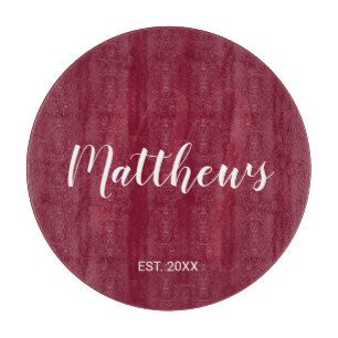 Personalised Monogram and Family Name Burgundy Red Cutting Board