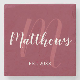 Personalised Monogram and Family Name Burgundy Red Stone Coaster