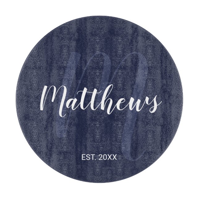 Personalised Monogram and Family Name Navy Blue Cutting Board (Front)