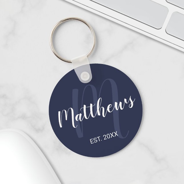 Personalised Monogram and Family Name Navy Blue Key Ring (Creator Uploaded)
