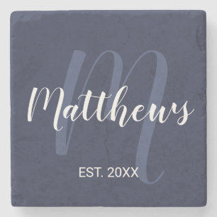 Personalised Monogram and Family Name Navy Blue Stone Coaster