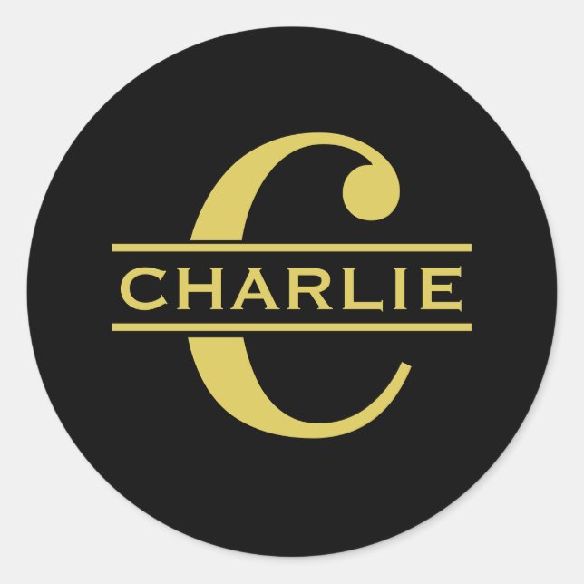 Personalised Monogram And Name Black And Gold Classic Round Sticker (Front)