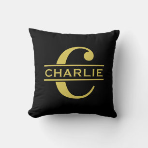 Personalised Monogram And Name Black And Gold Cushion