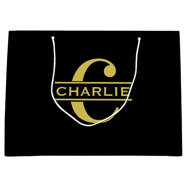 Personalised Monogram And Name Black And Gold Large Gift Bag (Front)
