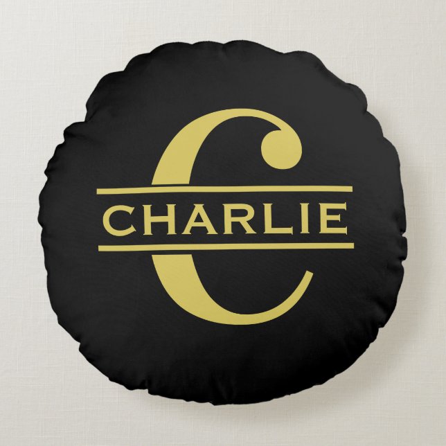 Personalised Monogram And Name Black And Gold Round Cushion (Front)