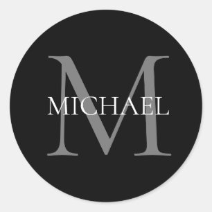 Personalised Monogram and Name Black Classic Round Sticker