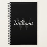 Personalised Monogram and Name Black Planner<br><div class="desc">Personalised Monogram and Name Gift
features personalised name in white script font style and monogram in grey serif font style as background,  on black background.

Perfect as gift for him,  father's day gift and gift for any special occasions.</div>