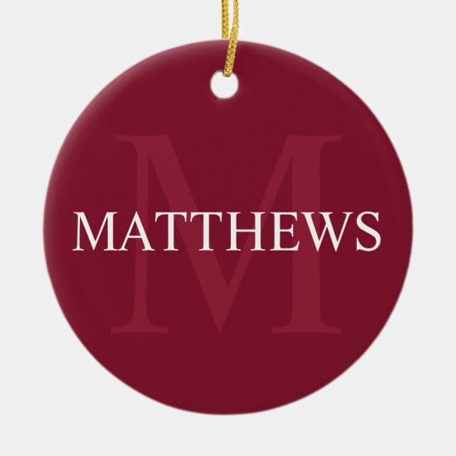 Personalised Monogram and Name Burgundy Red Ceramic Tree Decoration (Front)