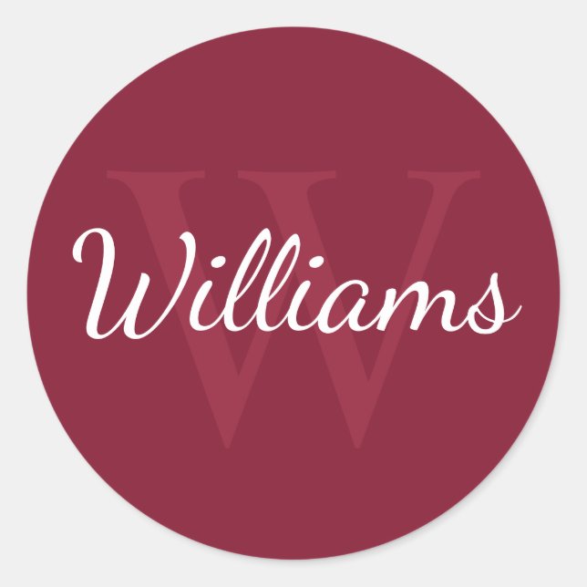 Personalised Monogram and Name Burgundy Red Classic Round Sticker (Front)
