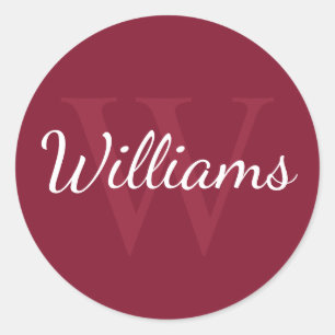 Personalised Monogram and Name Burgundy Red Classic Round Sticker
